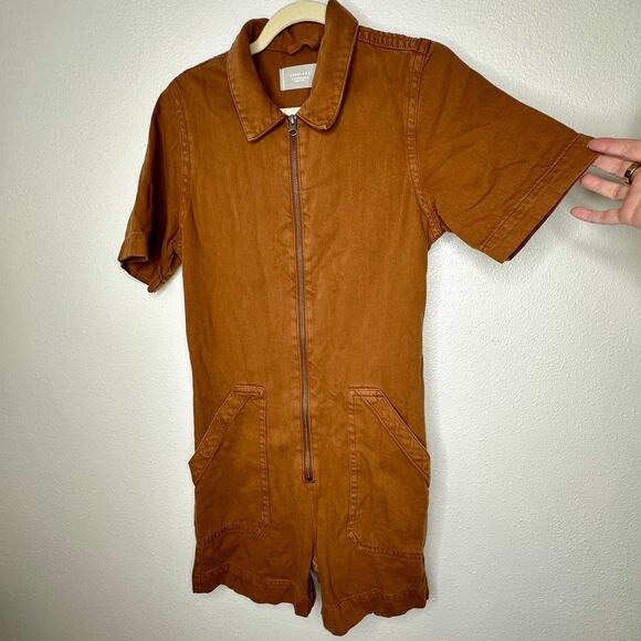 Everlane The Denim Short Coverall Organic Cotton Brown Rust Romper 6 - Picture 6 of 14